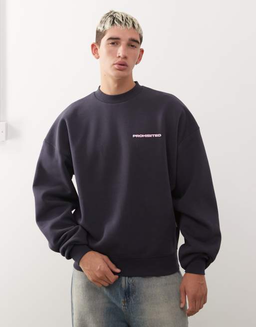 Prohibited - Maglione squadrato blu navy oversize con logo, 3 di 5