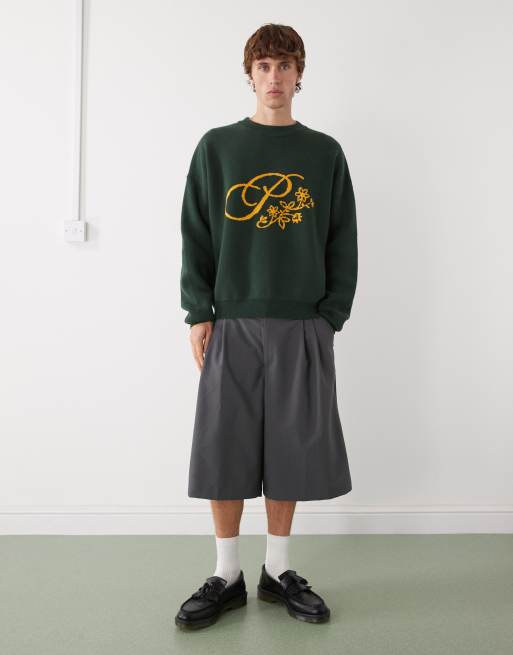 Prohibited - Mørkegrøn og oversized striktrøje med blomstret logo, 2 af 5