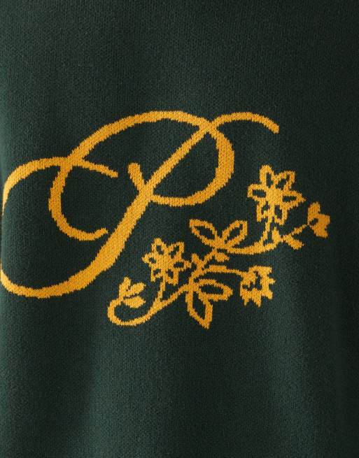 Prohibited - Mørkegrøn og oversized striktrøje med blomstret logo, 5 af 5