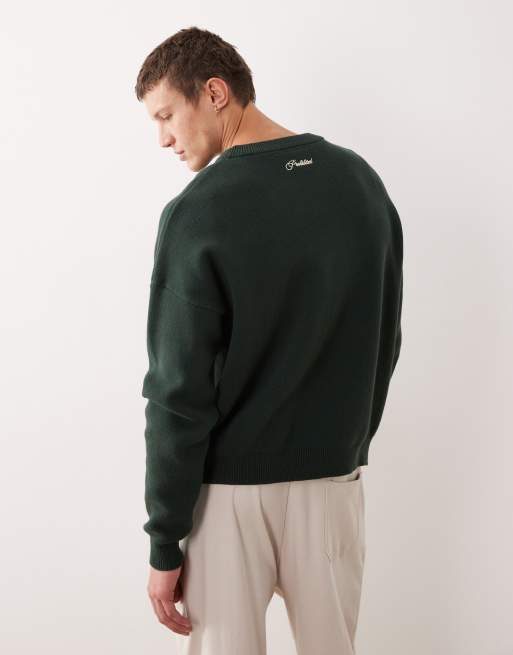 Prohibited oversized boxy fit logo knit jumper in green, 3 of 5