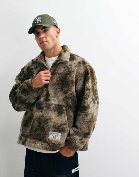 Prohibited oversized half zip patterned sherpa fleece in muted khaki - view 1