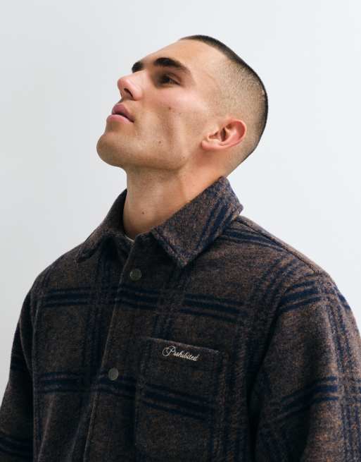 Prohibited oversized textured check overshirt in brown & blue, 4 of 5