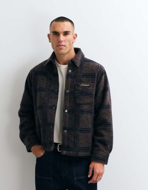 Prohibited oversized textured check overshirt in brown & blue, 5 of 5