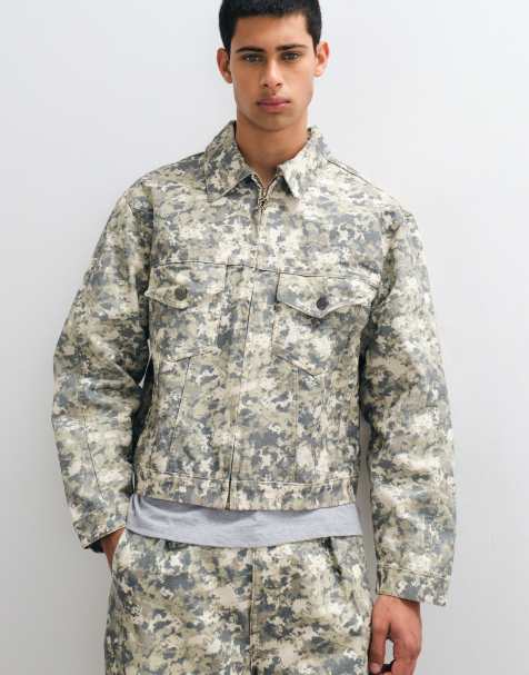 Prohibited oversized zip through camo denim jacket co-ord in multi - view 1