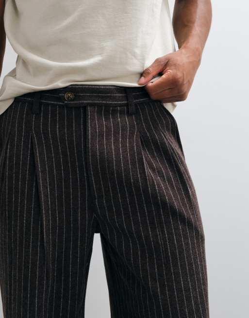Prohibited revivial pinstripe pleated loose fit trousers in brown, 3 of 5
