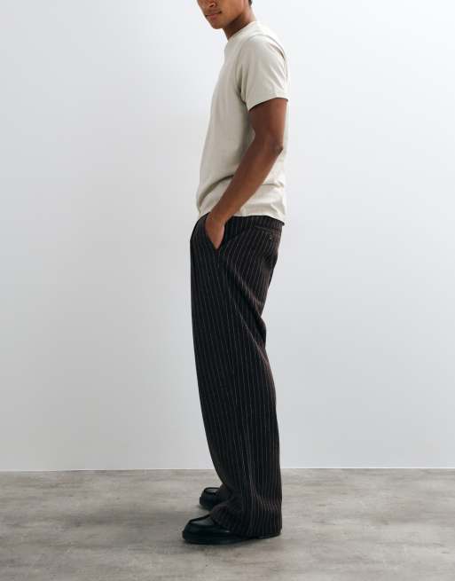Prohibited revivial pinstripe pleated loose fit trousers in brown, 5 of 5
