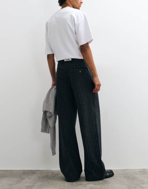 Prohibited revivial pinstripe pleated loose fit trousers in dark grey, 4 of 5