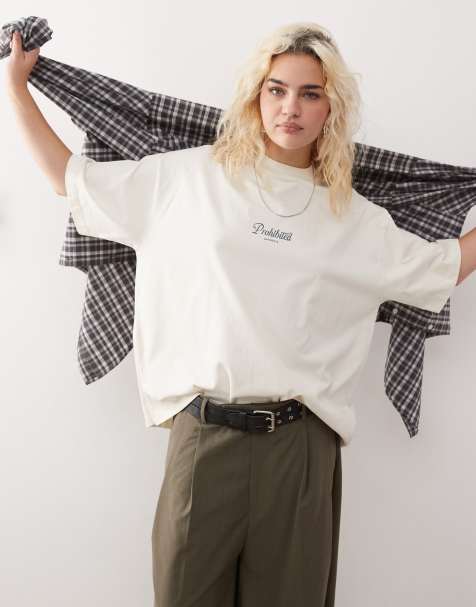 Prohibited script logo boxy t-shirt in cream - view 1