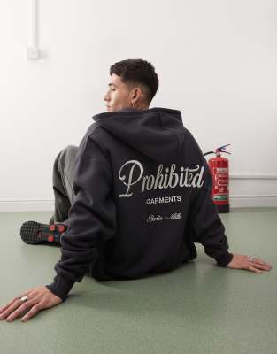 Prohibited script logo zip through hoodie in dark grey φωτογραφία