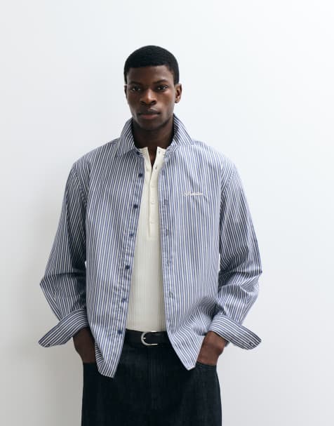 Prohibited script long sleeve shirt in black & blue stripe - view 1