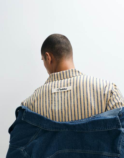Prohibited short sleeve revere collar stripe linen mix shirt in yellow, 2 of 5