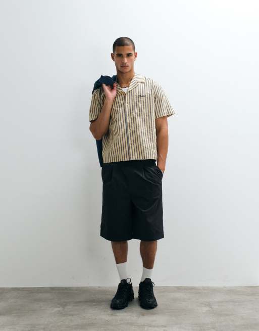Prohibited short sleeve revere collar stripe linen mix shirt in yellow, 3 of 5