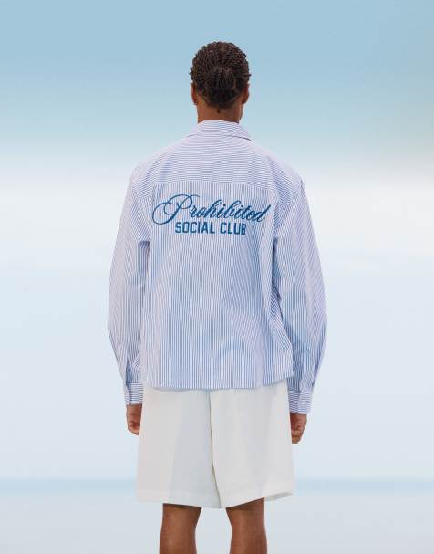 Prohibited Social Club back print striped shirt in blue - view 1
