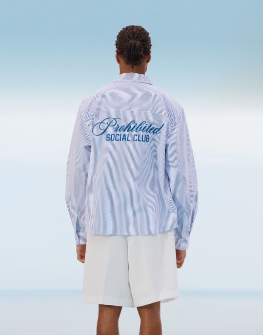Prohibited - Social Club - Camicia blu a righe con stampa sul retro