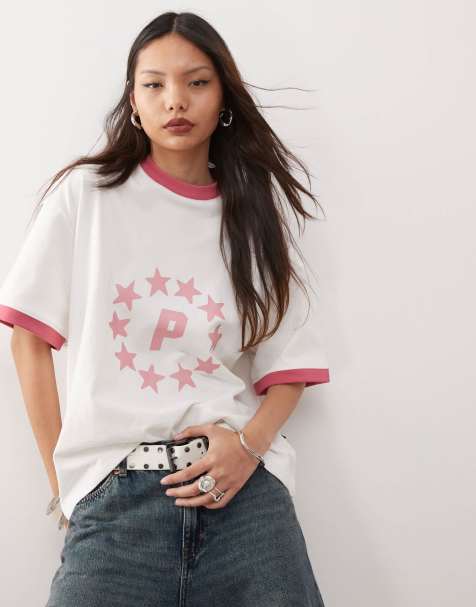 Prohibited stars pink logo t-shirt in white - view 1