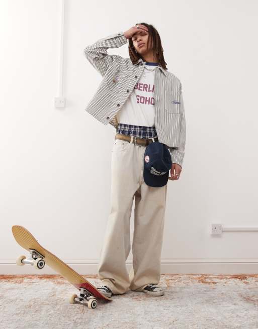 Prohibited striped harrington jacket in white and blue
