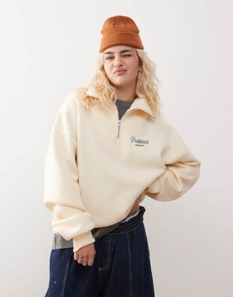 Prohibited – Sweatshirt in Cremeweiß mit kurzem Reißverschluss und farblich abgesetztem Logodetail - view 1