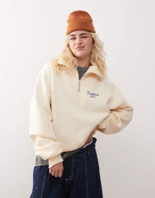 Prohibited - Sweatshirt met halve rits en contrasterend logodetail in crème