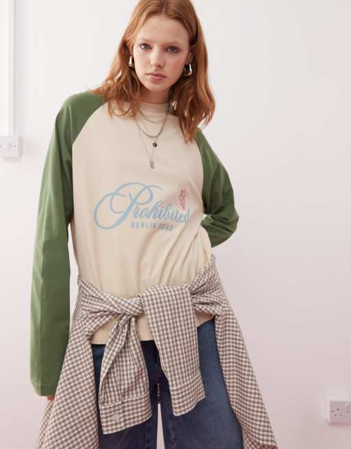 Prohibited - T-shirt met vintage print en lange mouwen in groen, 3 van 4