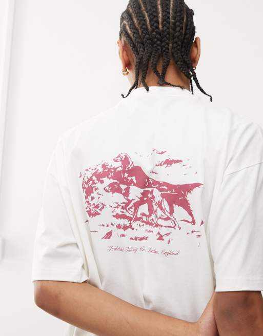 Prohibited - T-shirt squadrata color crema con grafica con cani a contrasto, 4 di 4