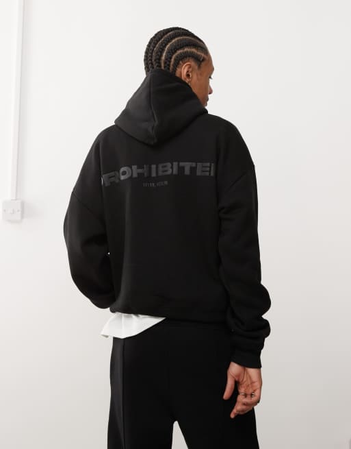 Prohibited tonal logo back print 360gsm hoodie co-ord in black, 4 of 4