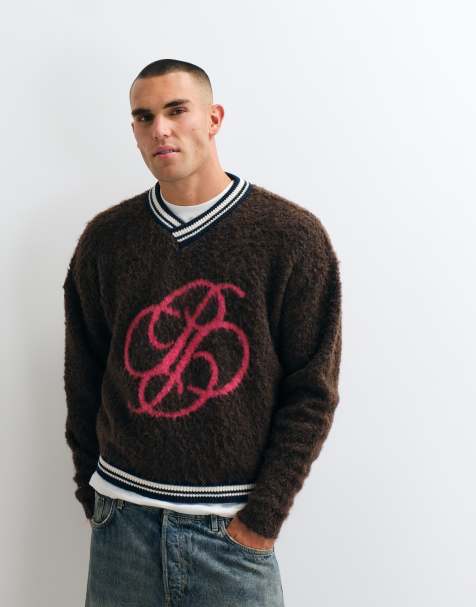 Prohibited v neck jacquard fuzzy knit jumper in brown - view 1