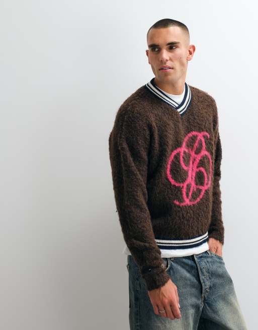 Prohibited v neck jacquard fuzzy knit jumper in brown, 3 of 5