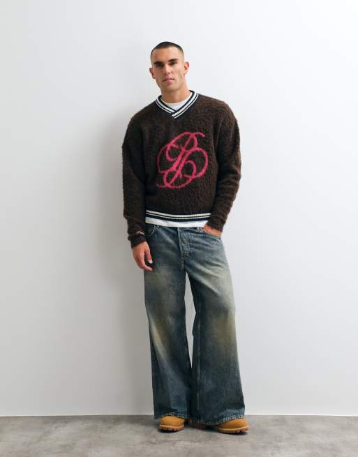 Prohibited v neck jacquard fuzzy knit jumper in brown, 4 of 5