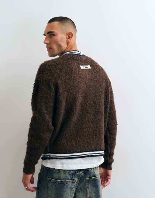 Prohibited v neck jacquard fuzzy knit jumper in brown, 5 of 5