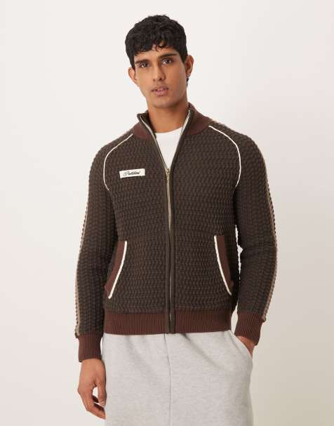 Prohibited zip through knitted track jacket in brown - view 1