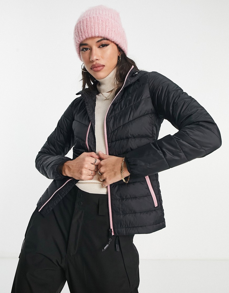 Protest Clover Puffer Jacket In Black With Pink Detail