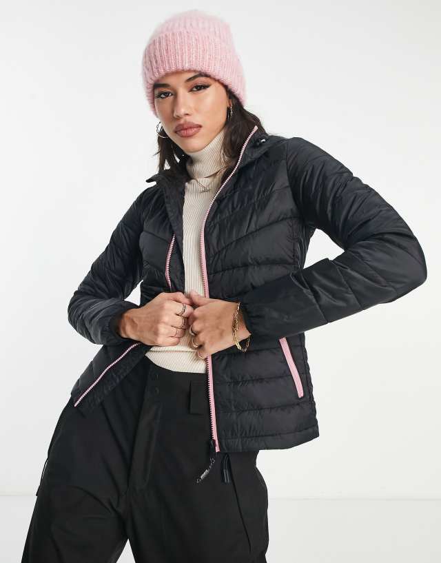 Protest Clover puffer jacket in black with pink detail