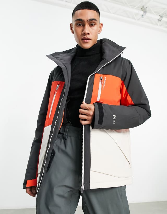 Protest Gooz ski jacket in black white orange color block