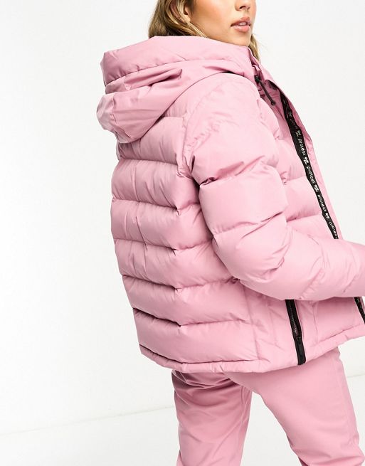 Girls ski jacket check lolly pink with fake fur