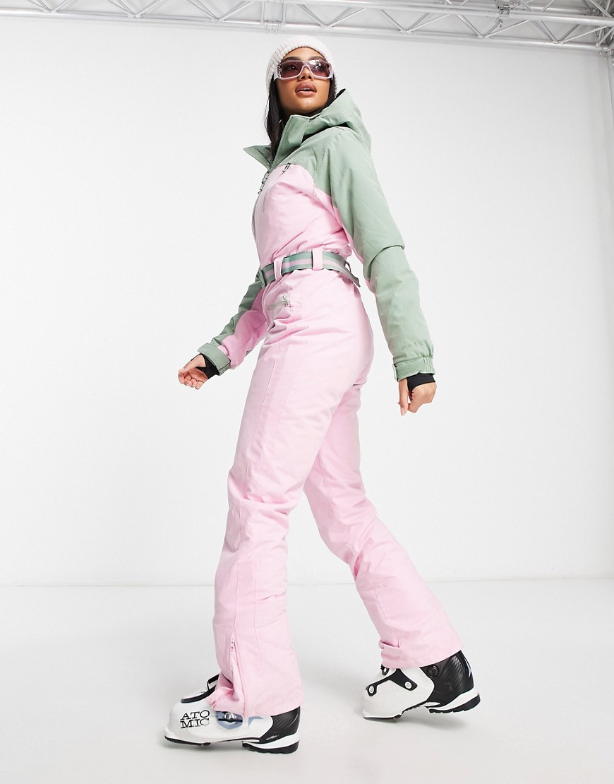 Showy ski suit in pink and green color block-Multi
