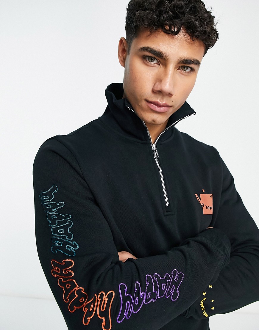 ps paul smith 1/4 zip sweatshirt in black with happy face box scattered graphics