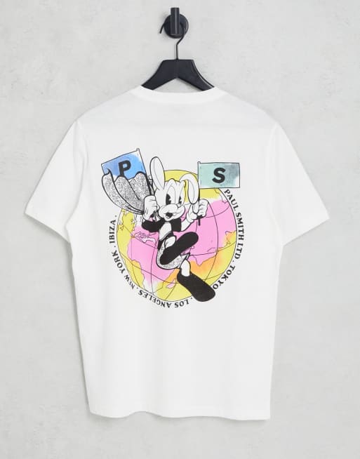 PS Paul Smith – Bunny World – Biały T-shirt z nadrukiem na plecach