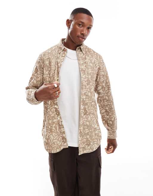 PS Paul Smith - Camicia a maniche lunghe in tessuto a coste con stampa marrone
