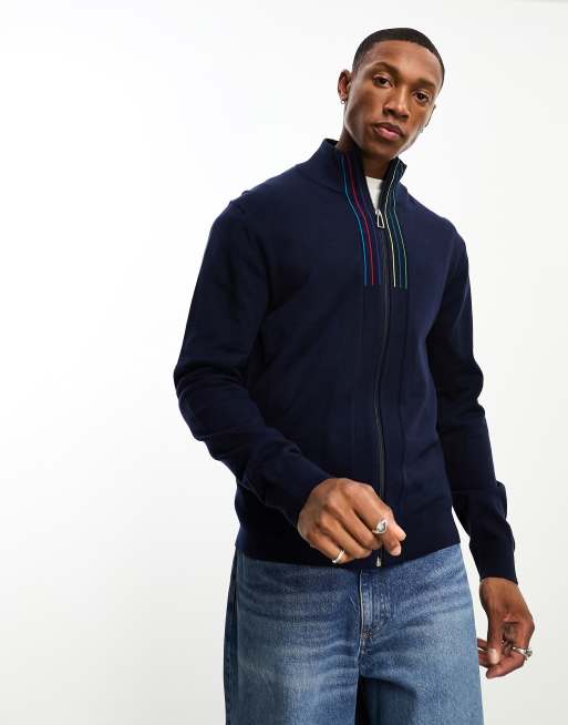 PS Paul Smith - Cardigan in maglia blu navy con zip e dettaglio arcobaleno