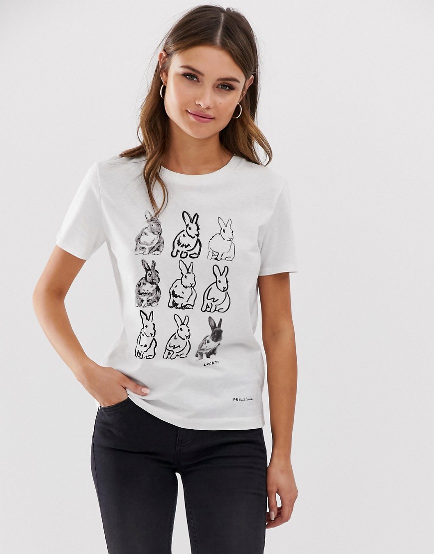 PS Paul Smith – Lucky Portrait – T-shirt med kanin-Vit