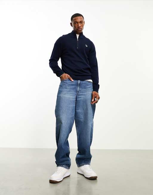 PS Paul Smith - Maglione blu navy con zip corta e logo con zebra