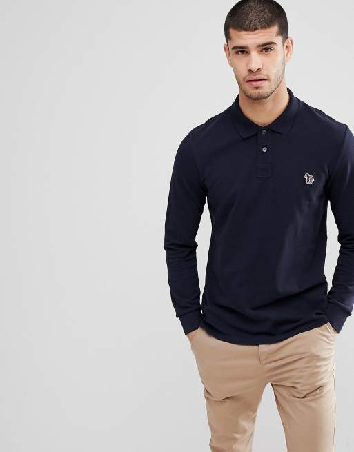 PS Paul Smith - Marineblauw poloshirt met lange mouwen en zebralogo