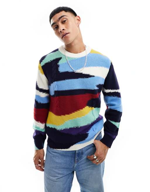 PS Paul Smith – Mehrfarbiger Zopfstrickpullover aus Baumwolle mit abstraktem Landschaftsmuster