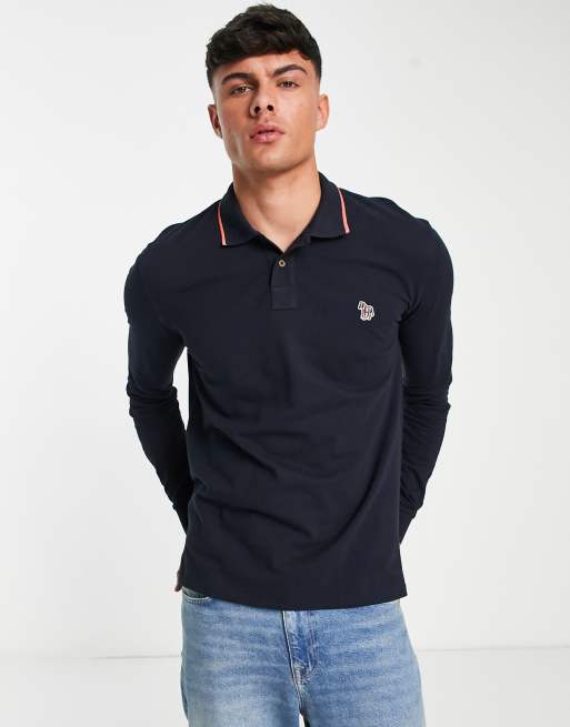 PS Paul Smith - Polo manches longues à logo zèbre et liseré - Bleu marine