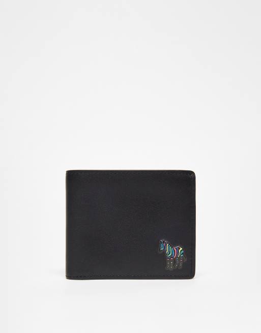PS Paul Smith - Portafoglio a libro in pelle nera con logo multicolore della zebra
