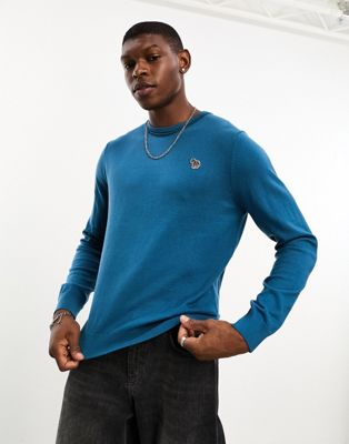 PS Paul Smith zebra logo tipped neck knit jumper in mid blue - ASOS Price Checker