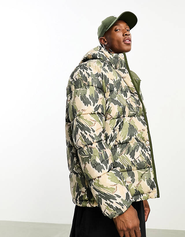 PS Paul Smith - reversible ripstop leaf camo hooded puffer jacket in dark green/multi