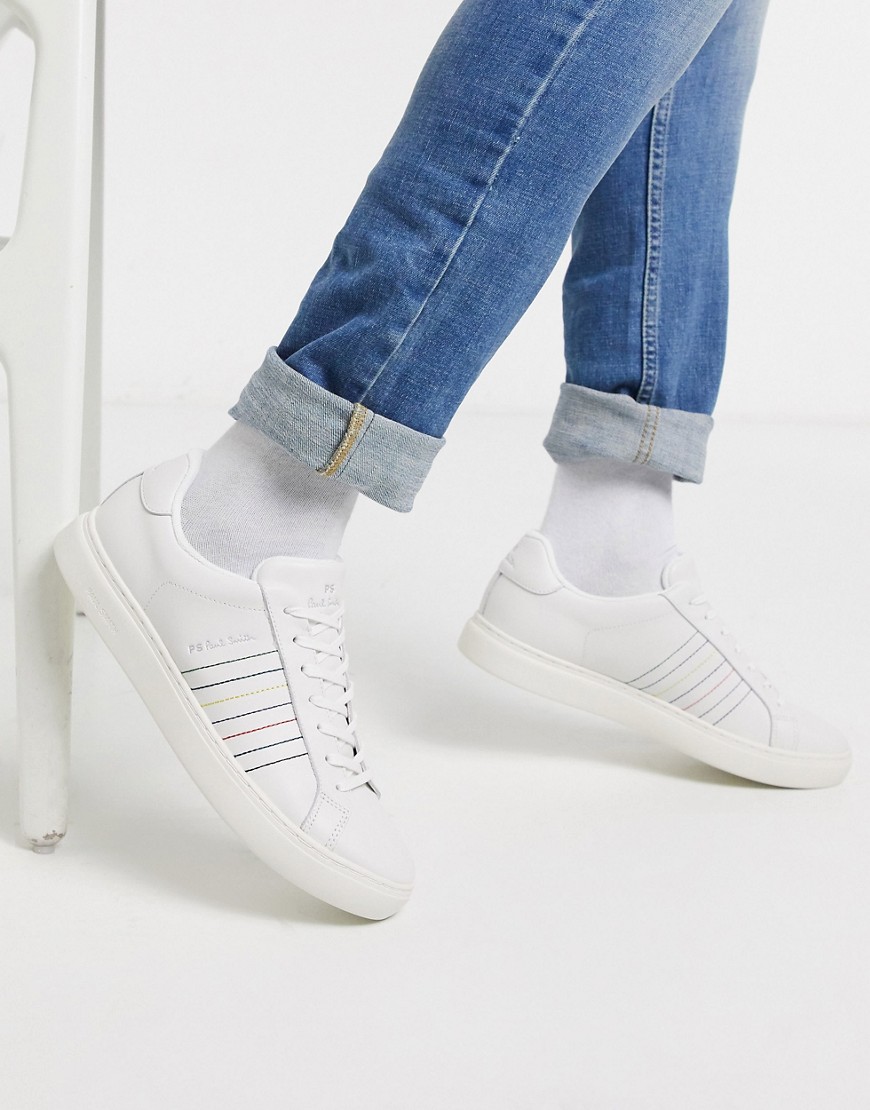 PS Paul Smith - Rex - Leren sneakers met gekleurde gestikte strepen in wit