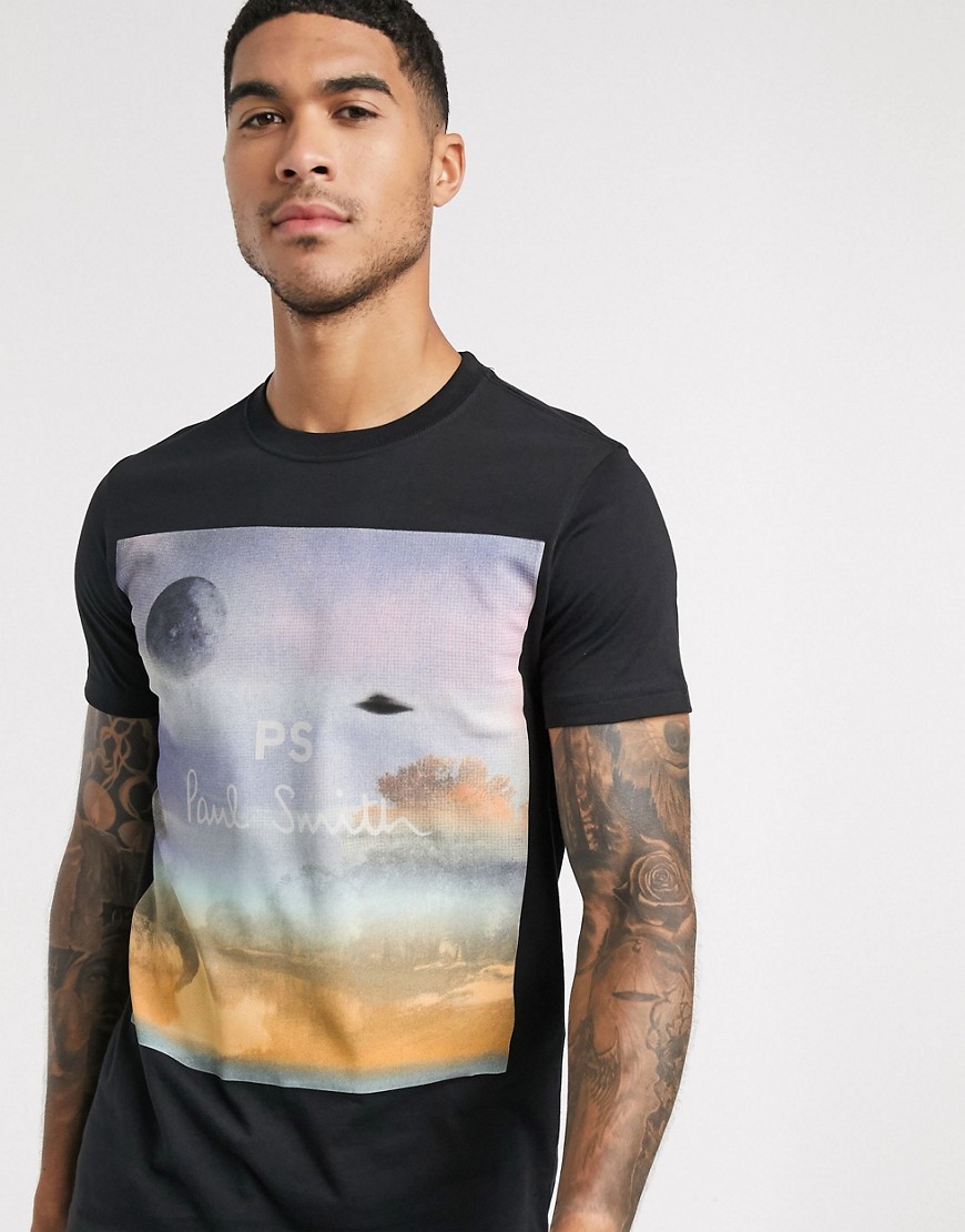 PS Paul Smith - Sort T-shirt i slim fit med solnedgangsprint