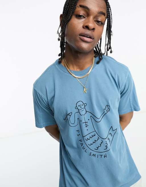 PS Paul Smith – T-Shirt in Blau mit Wassermann-Grafikprints vorne